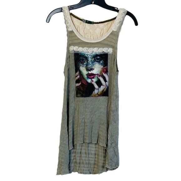 Bowie Vintage High Low Lace Rosettes Portrait Detail Tank Top Sz L - Picture 14 of 15